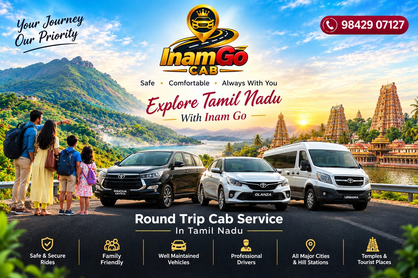 Explore Tamil Nadu with InamGo — Innova Crysta, Glanza and Urbania fleet, a family-friendly round trip cab service